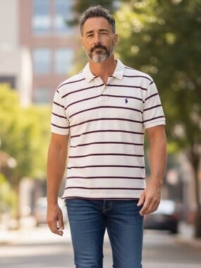 PO45 Mens POLO Ralph Lauren Designer Striped Preppy Polo Shirt L